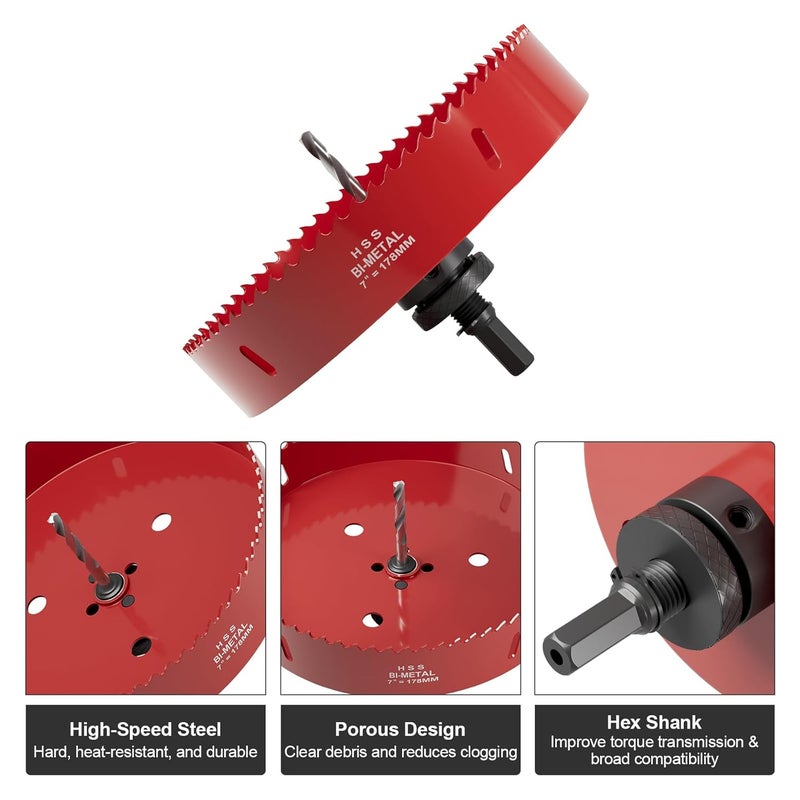FIVELAKE 7" (178mm) Bi-Metal M42 High Speed Steel Hole Saw with Pilot Drill Bit, Smooth Cutting Edge for PVC, Drywall, Wood, Plastic, Gypsum Board, Rubber, Thin Metal - Image 2